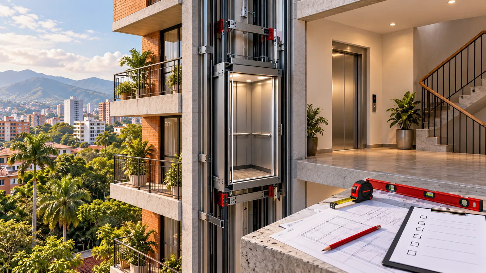 Corte arquitectónico de un ascensor compacto instalado en un edificio tropical de Cali