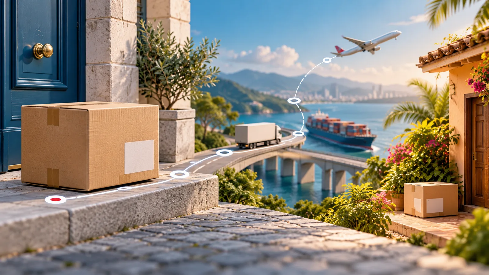 Caja sin marca recorriendo una ruta logística entre una puerta europea y una casa tropical