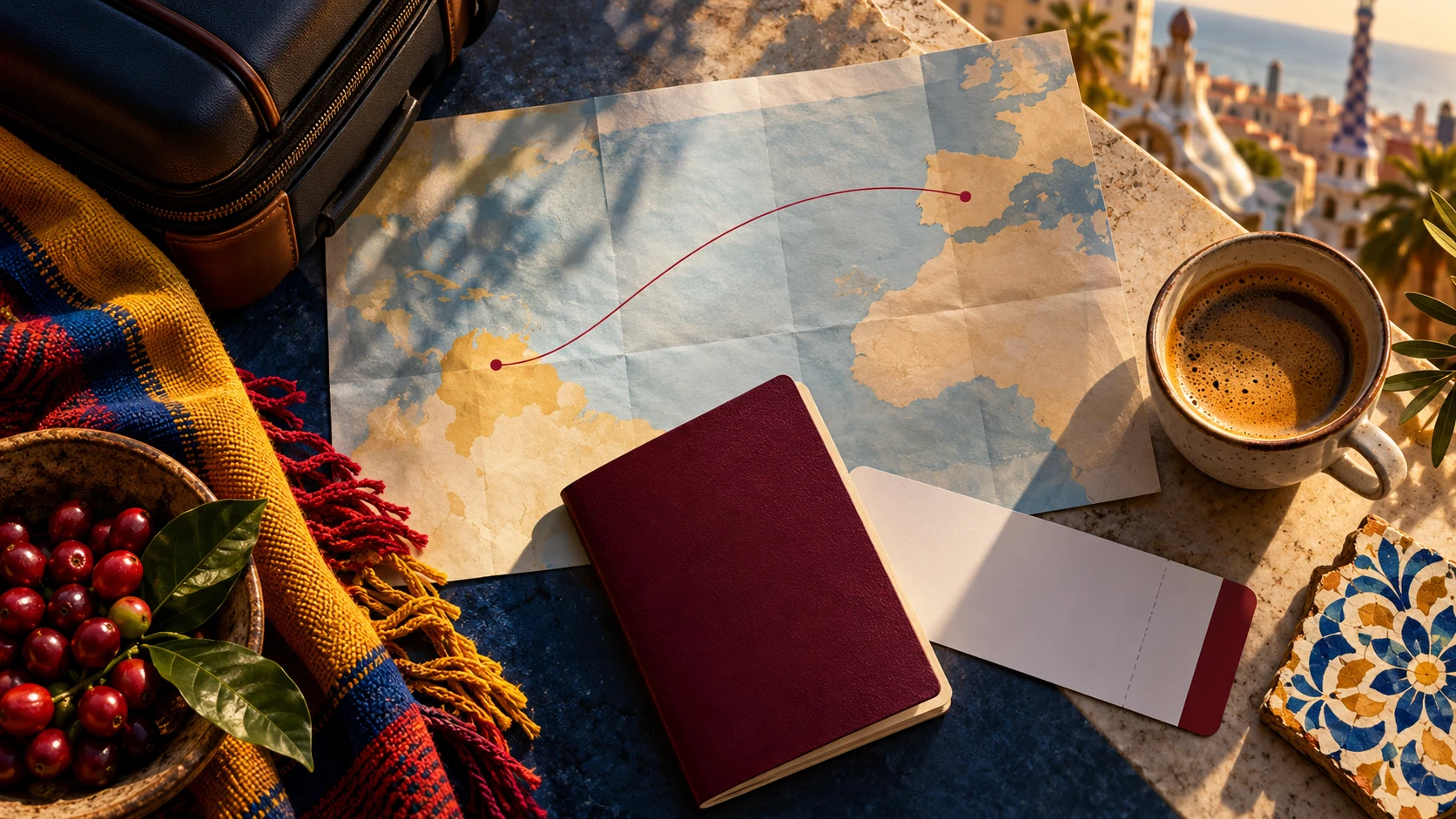 Mapa sin etiquetas entre Colombia y España con equipaje, libreta, café y billete en blanco