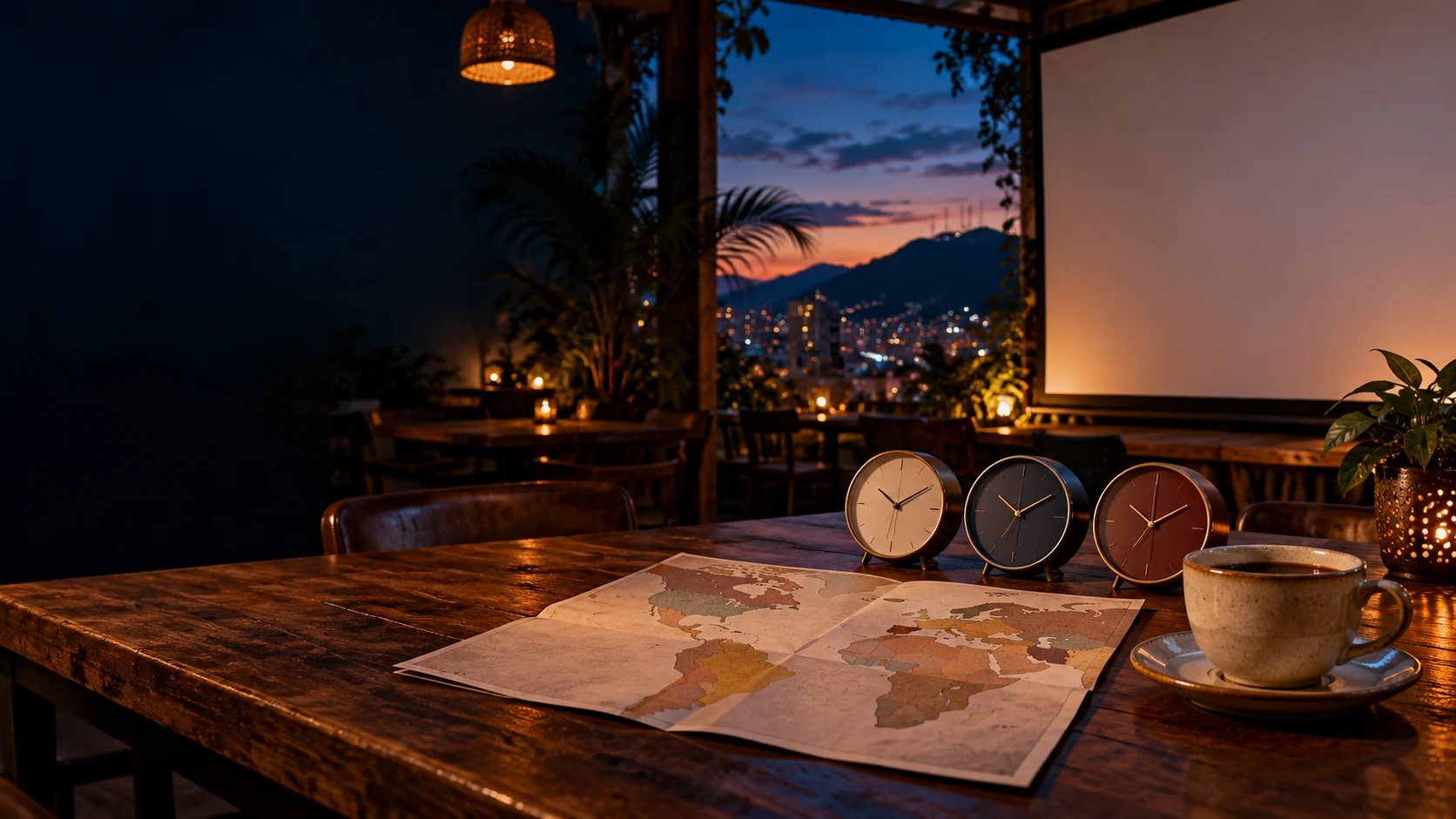 Café caleño nocturno con pantalla de proyección en blanco, tres relojes y un mapa sin etiquetas