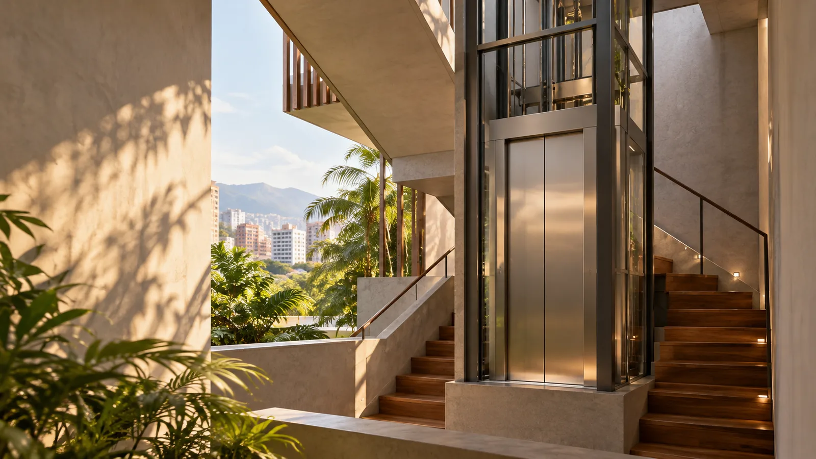 Ascensor compacto integrado en una arquitectura tropical contemporánea