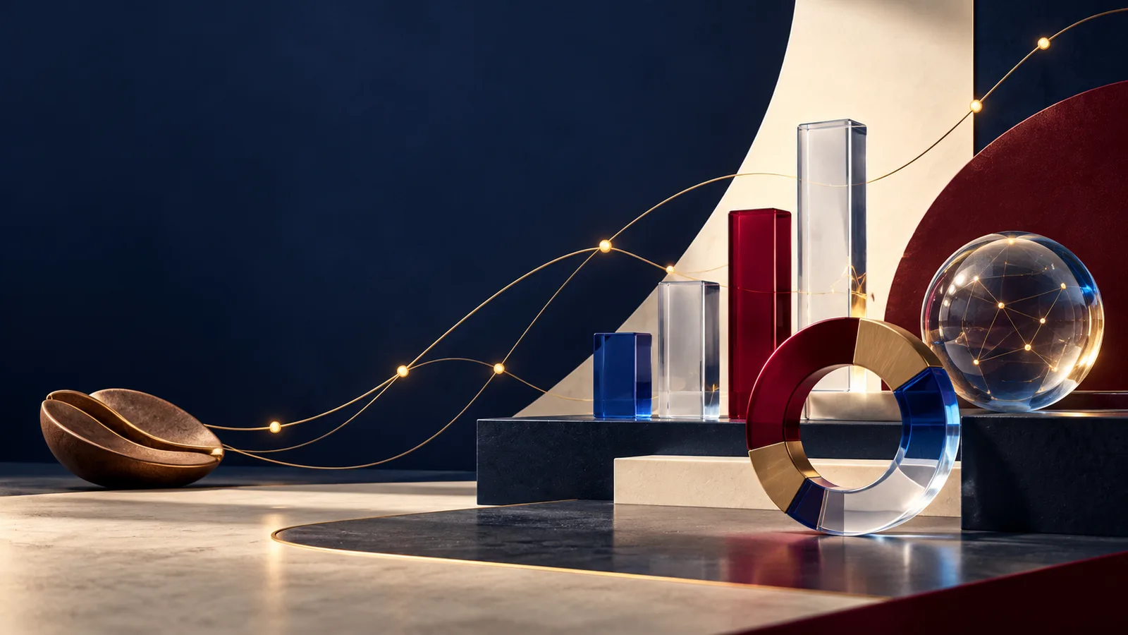 Composición abstracta de formas geométricas conectadas por líneas de luz