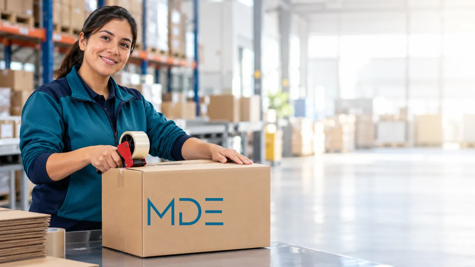 Mi Dirección Europea professional preparing a shipping box in a bright warehouse