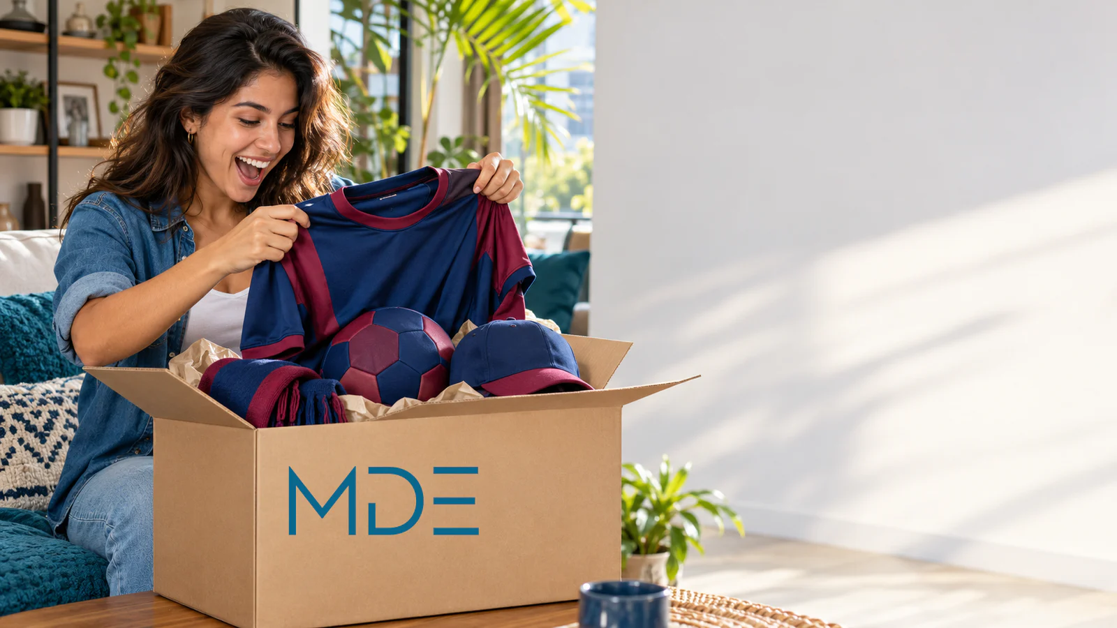 Colombian woman celebrating as she opens a Mi Dirección Europea box of unbranded blue-and-garnet sports items at home