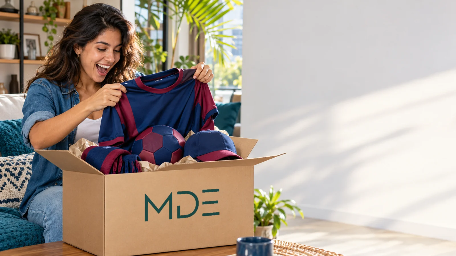 Aficionada colombiana abre en casa una caja de MDE con accesorios futboleros sin marcas