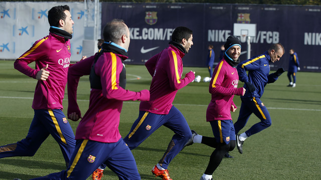 Entrenamiento del FC Barcelona para preparar el cambio de la Liga a la Copa